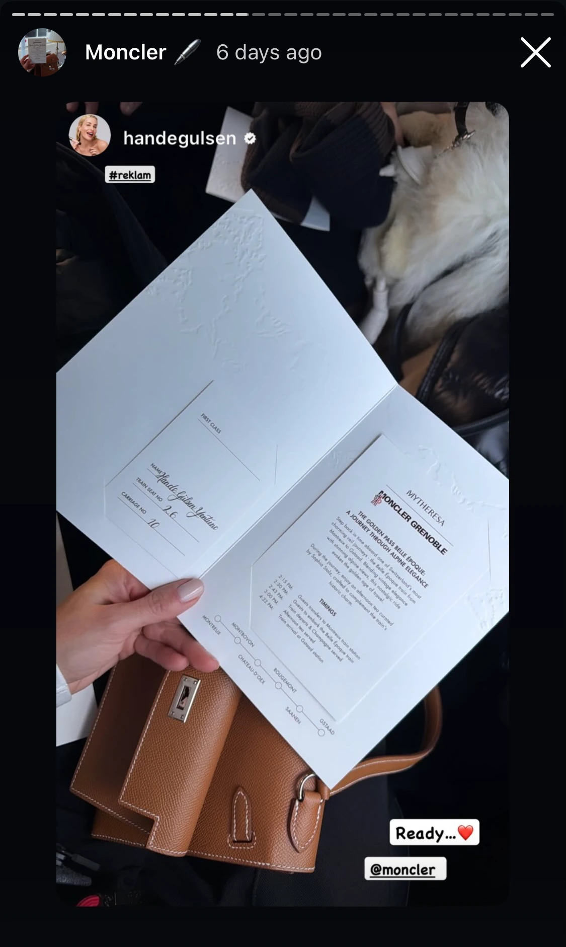 Instagram story showing a guest holding a hand-lettered Moncler Grenoble train ticket
