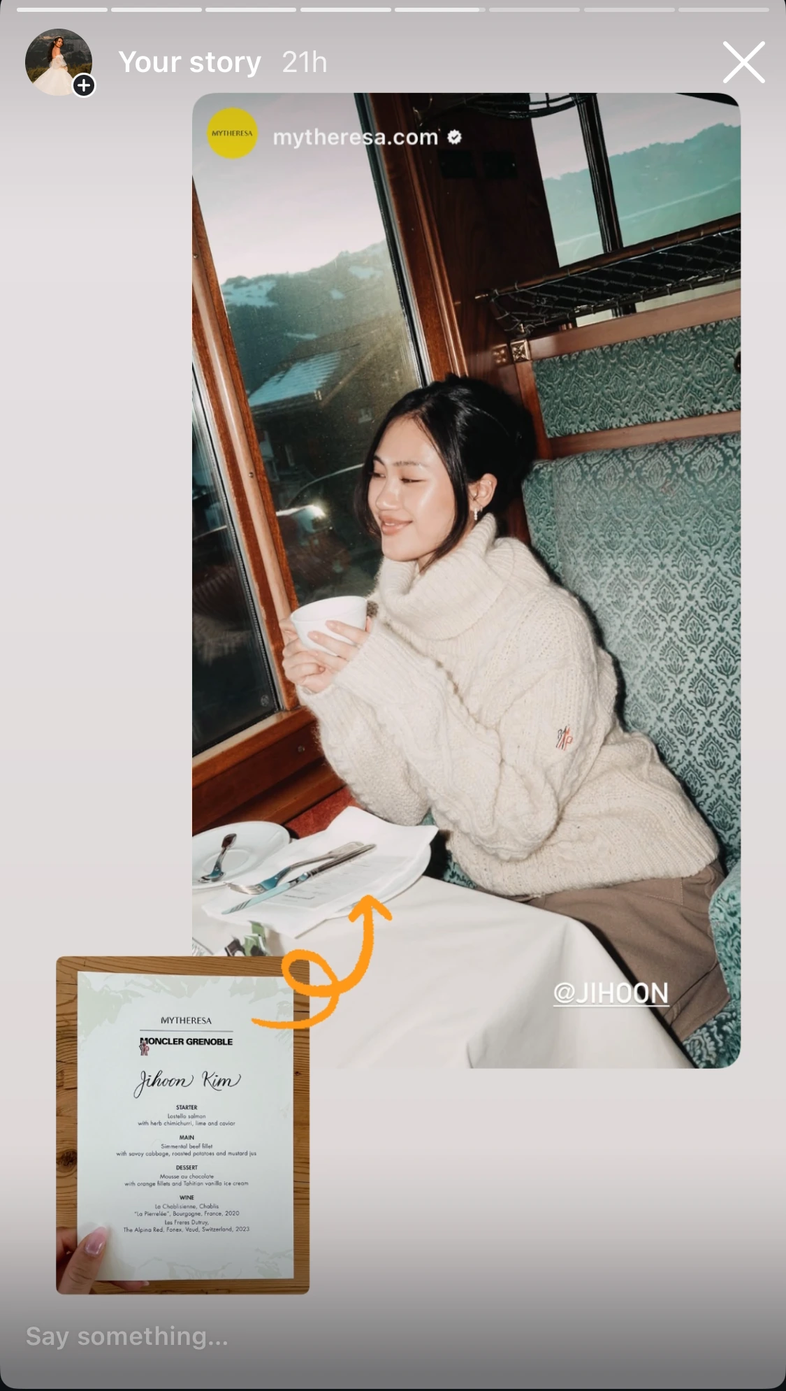 Instagram story featuring Jihoon Kim and a hand-lettered Moncler Grenoble menu