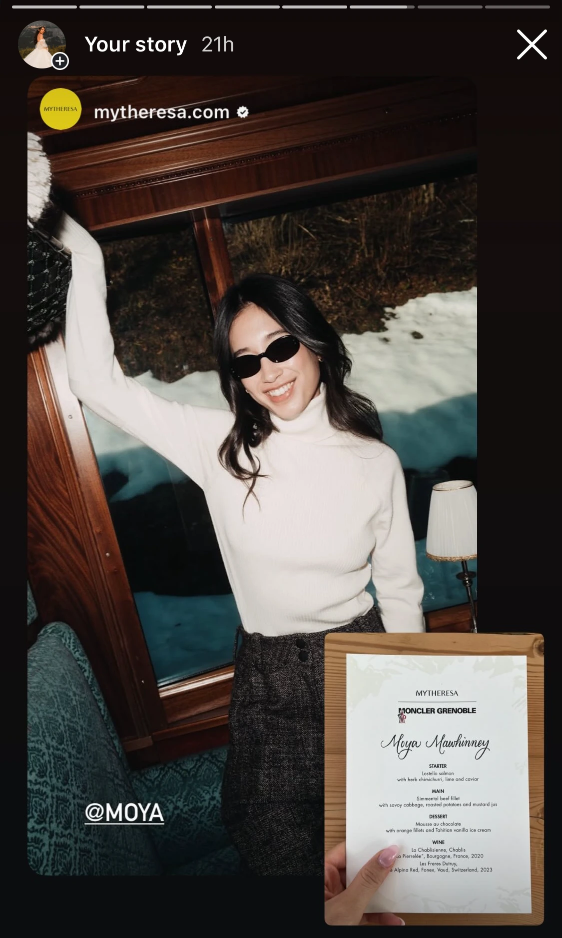Instagram story featuring Moya Mawhinney and her hand-lettered Moncler Grenoble menu